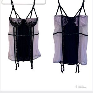 Victoria’s Secret Bustier Corset 34D Black & Purple Sheer Lingerie Garters